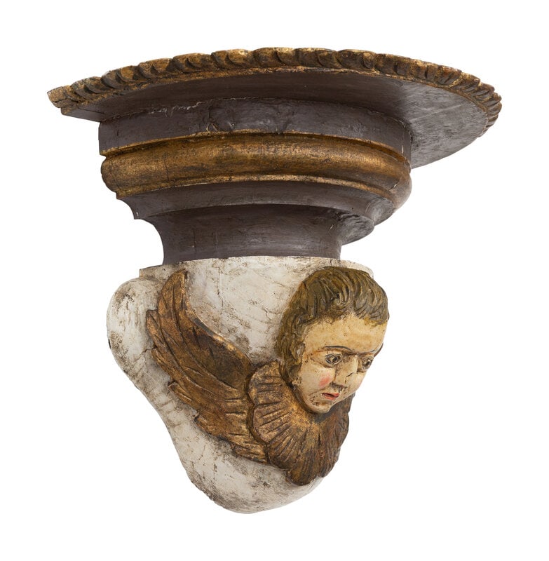 A Pair of Continental Baroque Style Polychromed Putto Mask Wall Brackets  - 2