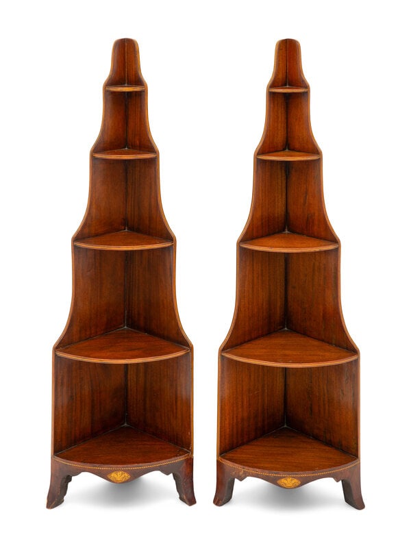 A Pair of Regency String-Inlaid Mahogany Corner Étagères : A Pair of Regency String-Inlaid Mahogany Corner Étagères 19th Century Height 53 3/4 inches. This lot is located in Palm Beach. ProvenanceProvenance: Stair & Co., New York, New York. 