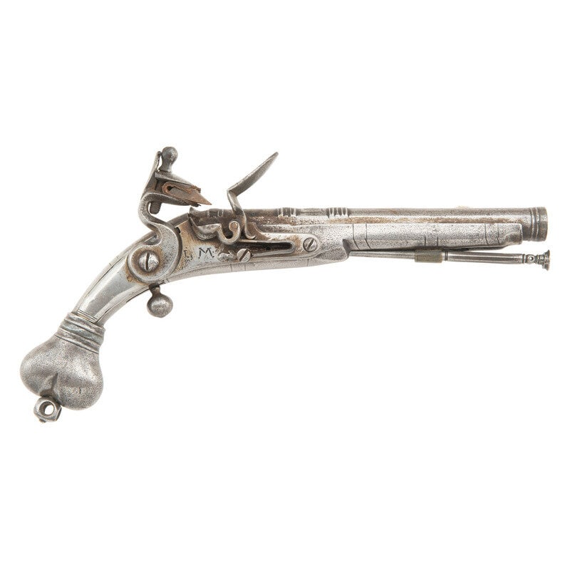 Scottish Steel Heart Butt Flintlock Pistol marked I M: Scottish Steel Heart Butt Flintlock Pistol marked I M .50 caliber. 7.5" three stage round barrel with faux baluster turned rings at the transitions and a cannon muzzle. NSN. Single shot flintlock muzz