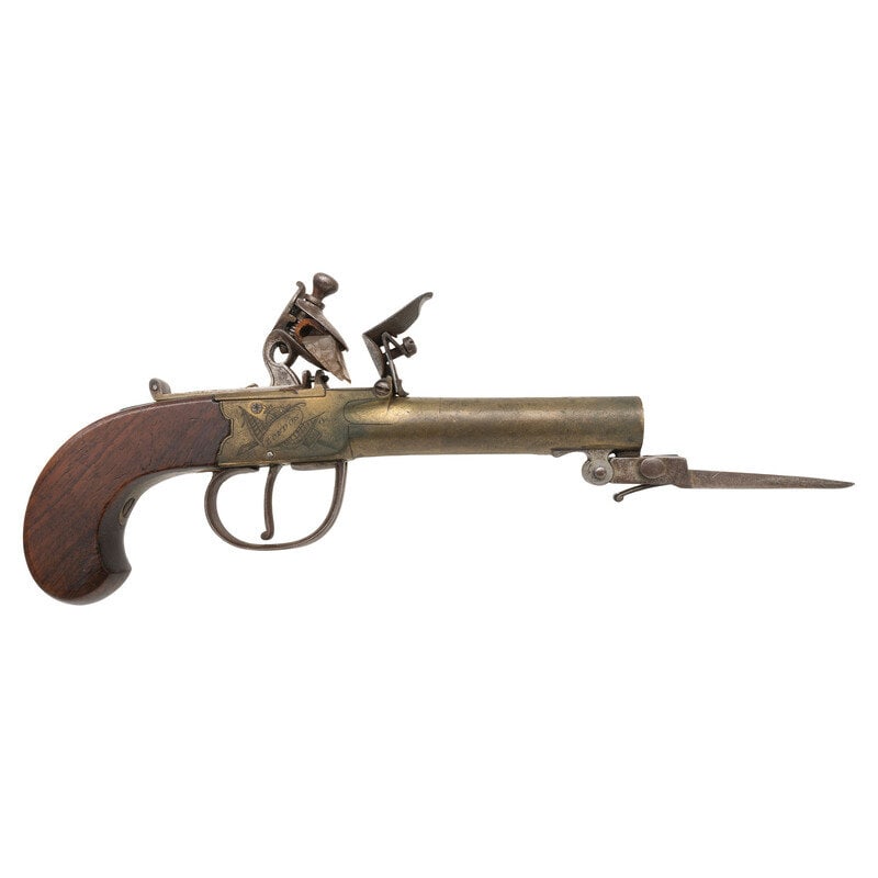 English Brass Box Lock Flint Pocket Pistol by I Hill with Snap Bayonet (1 of 3)
