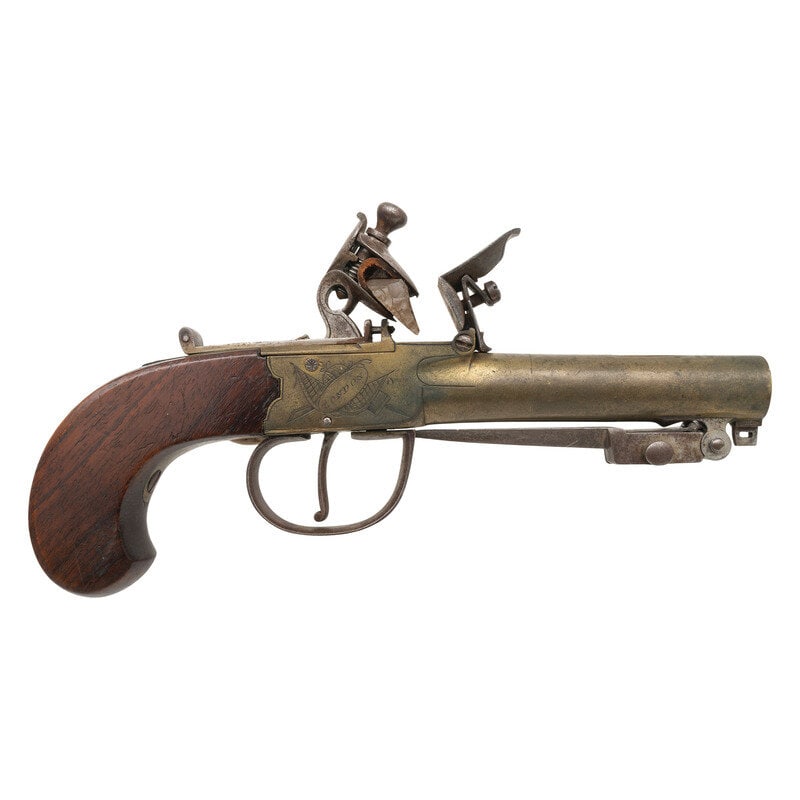 English Brass Box Lock Flint Pocket Pistol by I Hill with Snap Bayonet - 2