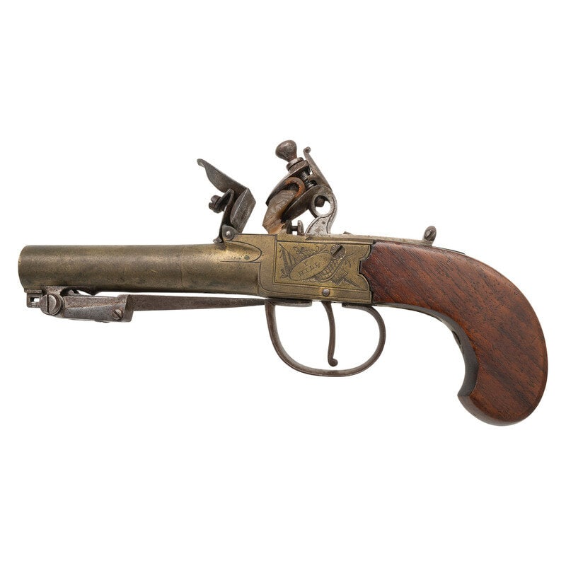 English Brass Box Lock Flint Pocket Pistol by I Hill with Snap Bayonet - 3