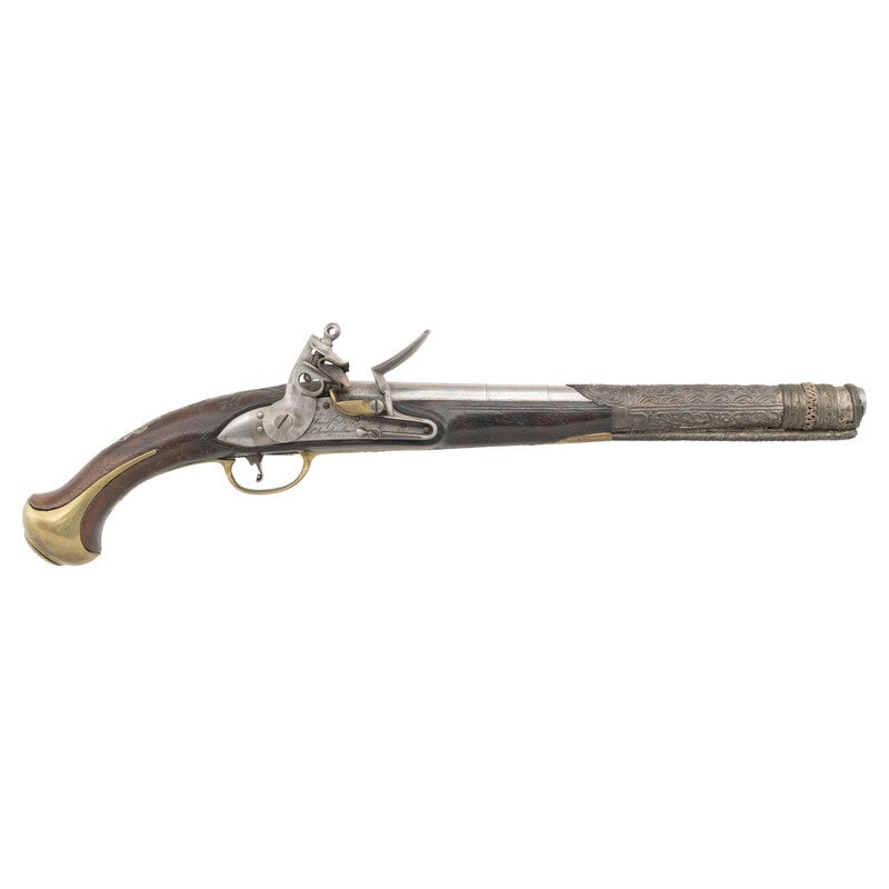 Decorative Middle Eastern Flintlock Pistol with French Lock: Decorative Middle Eastern Flintlock Pistol with French Lock .62 caliber. 12.25" three stage pinned round barrel. NSN. Bright finish, brass furniture, white metal barrel shroud, hardwood stock. Single
