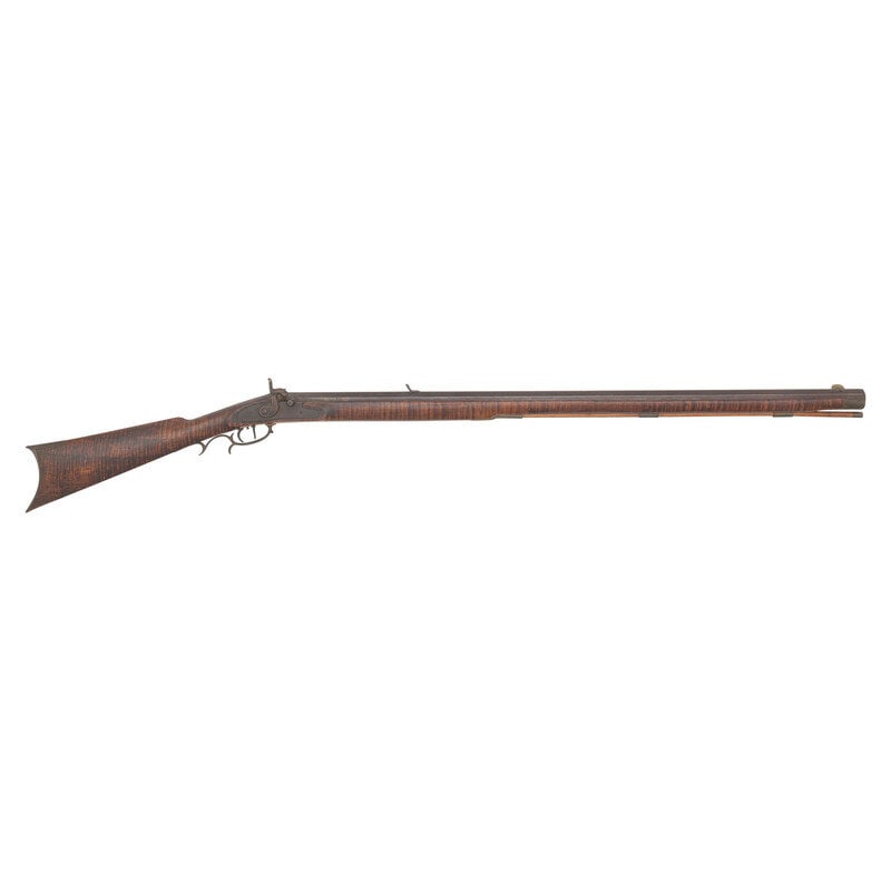 Unmarked Full Stock Heavy Barrel Percussion Rifle: Unmarked Full Stock Heavy Barrel Percussion Rifle .42 caliber. 35.5" heavy pinned octagonal barrel, 1" across the flats. NSN. Browned finish, brass furniture, faux striped hardwood stock. Single