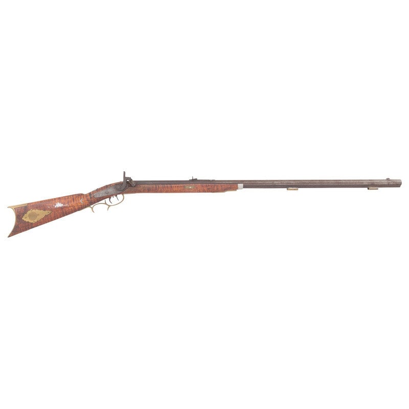 T Wilson Marked Half Stock Percussion Rifle: T Wilson Marked Half Stock Percussion Rifle .35 caliber. 35.5" pinned octagon barrel. NSN. Browned finish, brass furniture, pewter nose cap, faux figured hardwood stock. Single shot muzzleloading