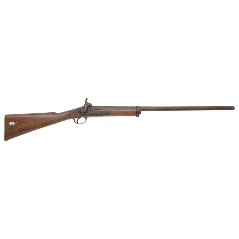 British Pattern 1853 Enfield Rifle Musket Altered to Shotgun: British Pattern 1853 Enfield Rifle Musket Altered to Shotgun .58 caliber smoothbore. 29.125" barrel. NSN. Heavily oxidized metal, brass furniture, walnut stock. Single shot muzzleloading percussion