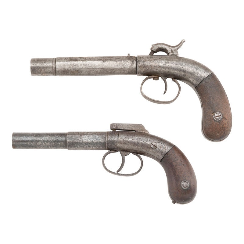 Two Single Shot Percussion Pistols: Bacon Bar Hammer & Stocking - 2