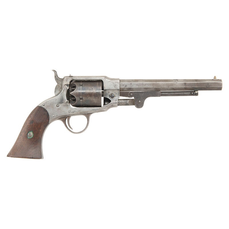 Rogers & Spencer Revolver: Rogers & Spencer Revolver .44 Cal. 7.5" barrel length. SN: 5407. Blued metal finish cleaned to bright with walnut two-piece grips mounting conical brass front blade and dovetailed rear notch sight