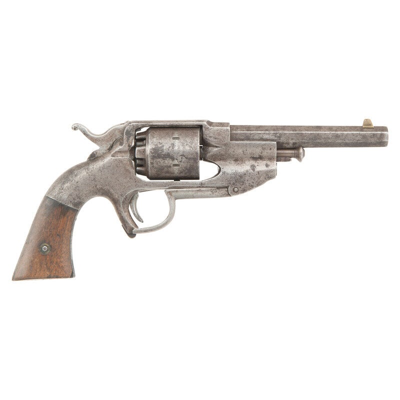 Allen & Wheelock Center Hammer Navy Revolver: Allen & Wheelock Center Hammer Navy Revolver American Civil War .36 Cal. 5" barrel length. SN: 157. Gray patina overall mounting walnut grips, brass front blade, and hammer rear notch sights. Sing