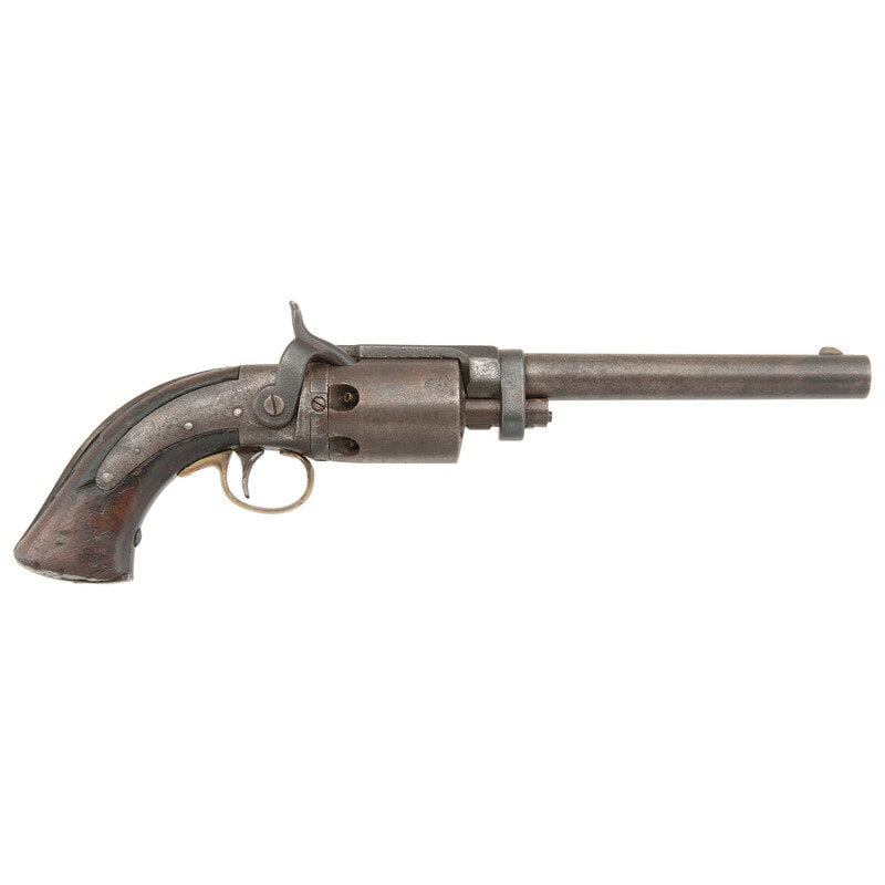 Wesson & Leavitt Dragoon Revolver: Wesson & Leavitt Dragoon Revolver .40 Cal. 7" barrel length. SN: 59. Deep brown patina to all iron parts with brass triggerguard and varnished and sanded walnut grips mounting fixed front blade