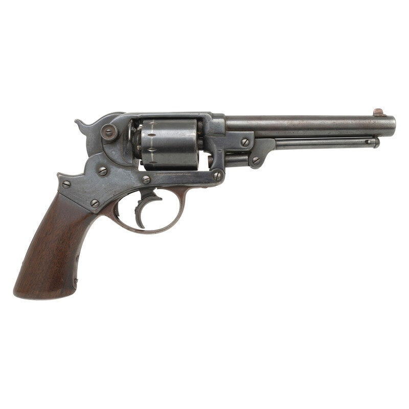 Starr Model 1858 Revolver: Starr Model 1858 Revolver .44 Cal. 6" barrel length. SN: 875. Reblued metal finish with fire blued triggerguard mounting one piece walnut grips, dovetail front blade and hammer rear notch sights.