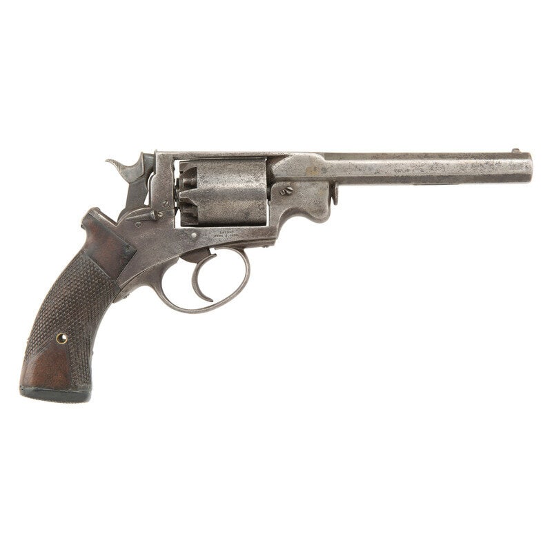 Mass Arms Adams Revolver: Mass Arms Adams Revolver American Civil War .36 Cal. 6" barrel length. SN: 110. Blued metal finish mounting bordered checkered walnut grips with hardrubber checkered buttplate. Double action six-shot