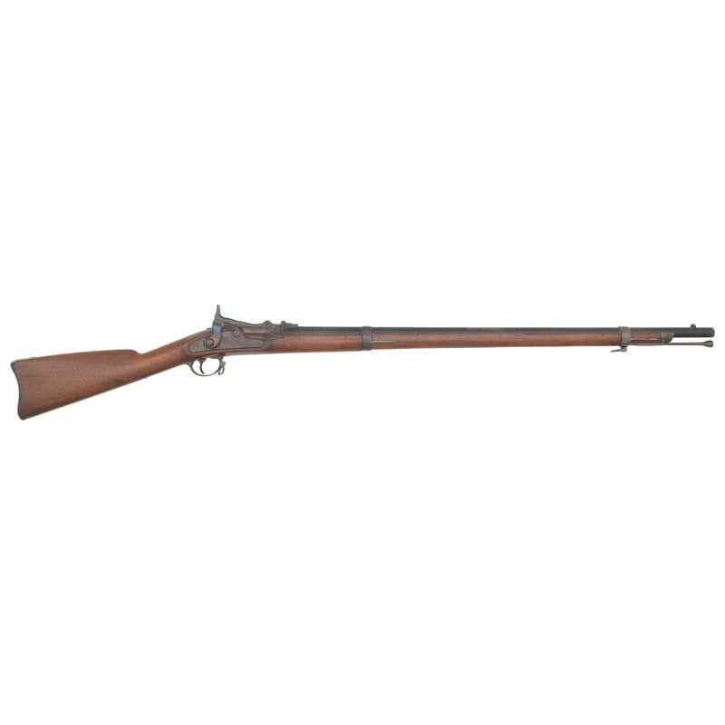 Shortened US Model 1865 "1st Allin Conversion" Rifle: Shortened US Model 1865 "1st Allin Conversion" Rifle Indian Wars .58RF. 33.5" barrel. NSN. Blued and color casehardened finish, iron furniture, walnut stock. Single shot breechloading alteration of a