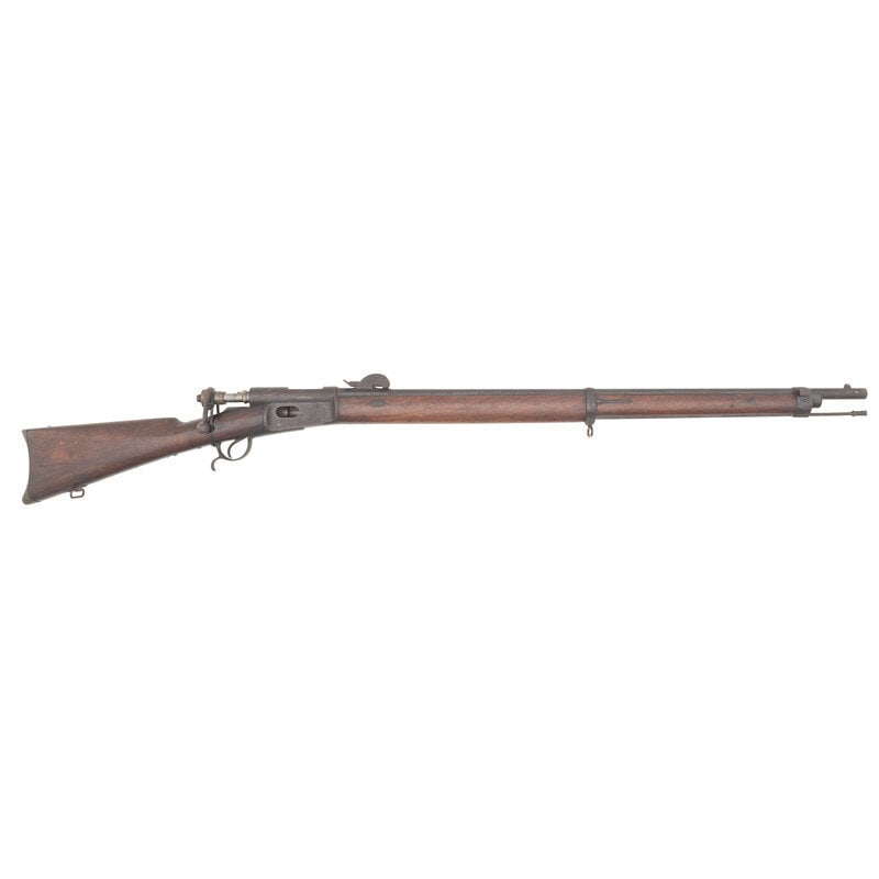 Incomplete Swiss Vetterli Rifle: Incomplete Swiss Vetterli Rifle 10.4x38mmR. 33" barrel length. SN: 185078. Blued and bright metal finish faded to dark brown patina overall mounting walnut straight wrist stock and full length