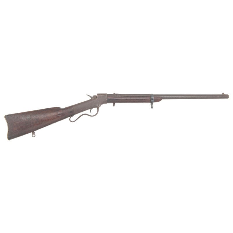 .44RF Ballard Military Pattern Carbine: .44RF Ballard Military Pattern Carbine American Civil War .44RF. 22" barrel. SN: 1176. Blued finish, iron furniture, walnut stock and forend. Single shot breechloading carbine with leaf rear sight,