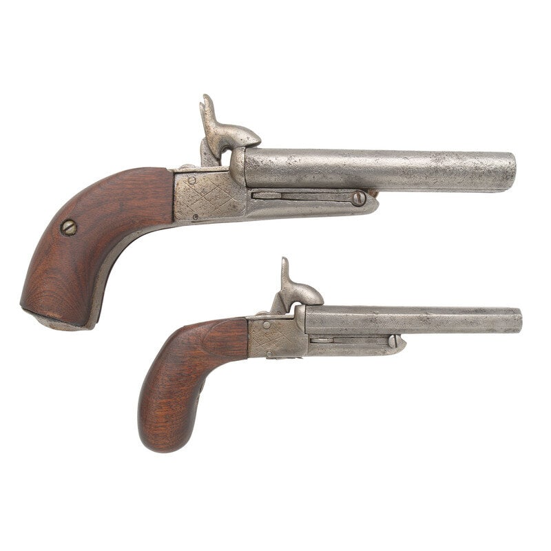 Two Continental Double Barrel Pin Fire Pistols: Two Continental Double Barrel Pin Fire Pistols 1.) 15mm Pinfire. 5.5" barrel length. SN: 13. Cleaned metal finish overall mounting replaced two piece walnut grips with light engraving to the frame.
