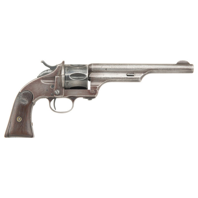 Spanish Copy of a Merwin, Hulbert & Co Frontier Army Revolver: Spanish Copy of a Merwin, Hulbert & Co Frontier Army Revolver .44 Cal. 6.75" barrel length. SN: 4497. Blued metal refinish mounting walnut two-piece grips with fixed front blade and frame rear not