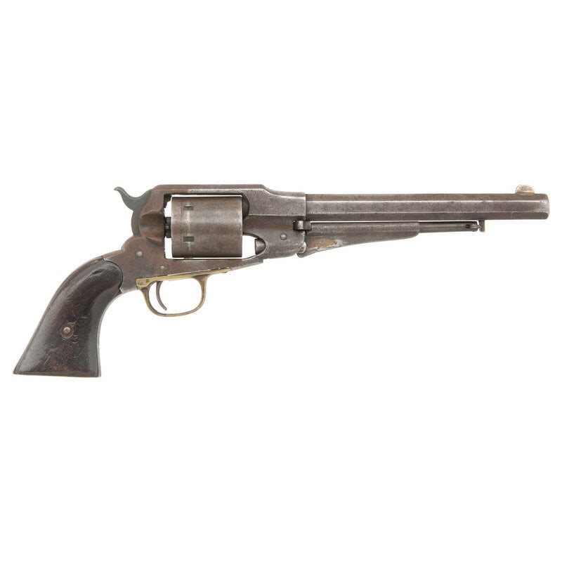 Cartridge Altered Remington New Model Army Revolver: Cartridge Altered Remington New Model Army Revolver .44 Rimfire. 8" barrel length. SN: 50749. Blued metal finish with brass triggerguard mounting varnished walnut two piece grips, repaired front sight