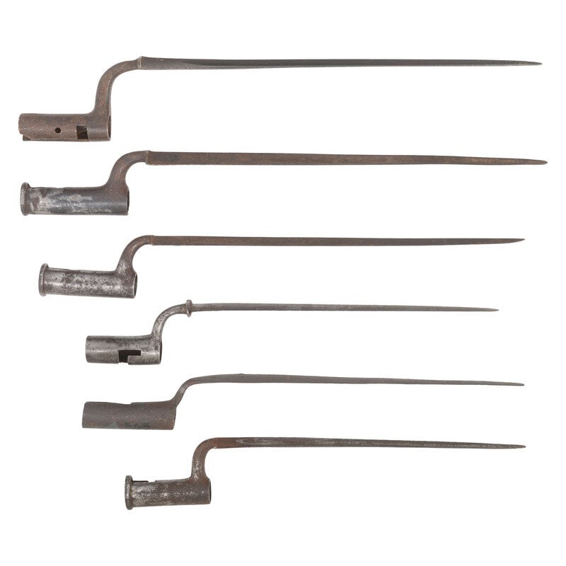 Group of 6 Early Socket Bayonets, Mostly English: Group of 6 Early Socket Bayonets, Mostly English 1) Relic condition Brown Bess Socket Bayonet. 15.5" blade, 3.875" friction fit socket with reinforced rim, 19.75" overall. Illegible marking on face