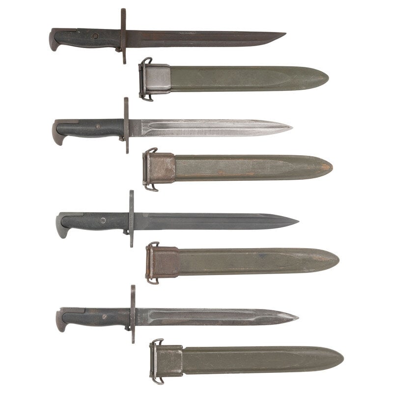 Group of 4 US WWII M1 Bayonets: 3 M1E1 and 1 M1: Group of 4 US WWII M1 Bayonets: 3 M1E1 and 1 M1 World War II 1) Springfield Arsenal M1905 Bayonet dated 1918 shortened to a 9.75" straight back knife point blade, composite grips and M1 scabbard.
