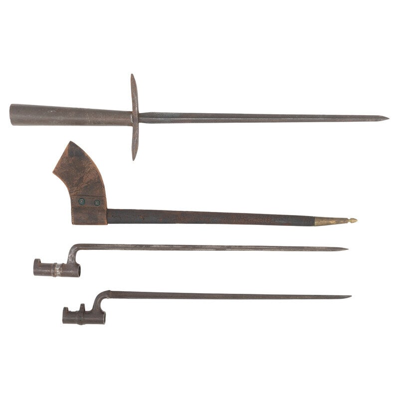 Two Civil War Import Socket Bayonets and A Post-Civil War Pike Head: Two Civil War Import Socket Bayonets and A Post-Civil War Pike Head 1) Bannerman Pike Head, made from a US M1855 socket bayonet blade. 17.5" blade, 6.5" crude iron crossguard, 8.25" tin socket.