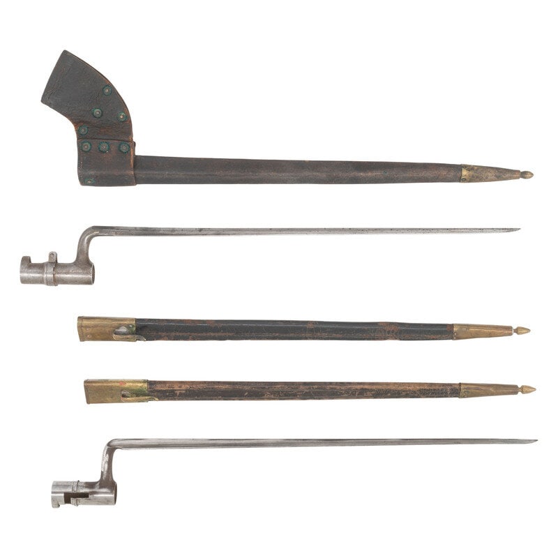 Two US Civil War Bayonets & 3 Scabbards: M1855 and M1835: Two US Civil War Bayonets & 3 Scabbards: M1855 and M1835 American Civil War 1) US M1855 Socket Bayonet. 18" bright blade is unmarked, with a small W inspection on the right of the shank. 3"