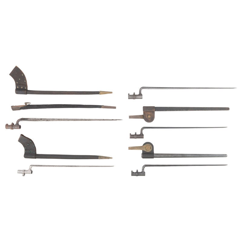Five Post-Civil War Socket Bayonets & Scabbards, Including Joslyn Rifle, Winchester 1873 and Trapdoo: Five Post-Civil War Socket Bayonets & Scabbards, Including Joslyn Rifle, Winchester 1873 and Trapdoor Indian Wars 1) Loose scabbard for the quadrangle US Peabody Rifle socket bayonet in Fair to