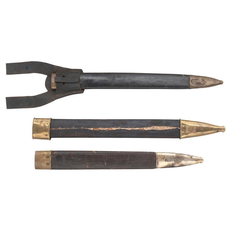 Three Brass Mounted Leather Scabbards for Short Swords: Three Brass Mounted Leather Scabbards for Short Swords Items are 19.5", 20.25", and 22.25" in length with brass throats, black leather wrapped wood cores, and drags of brass with one mounting a reprod