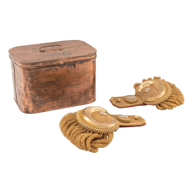 19th Century US Military Brigadier General's Epaulettes with tin. : 19th Century US Military Brigadier General's Epaulettes with tin. Cased set of officer's epaulettes housed in tin case. Each epaulette with gilt bullion tape body, rows of heavy bullion fringe, and