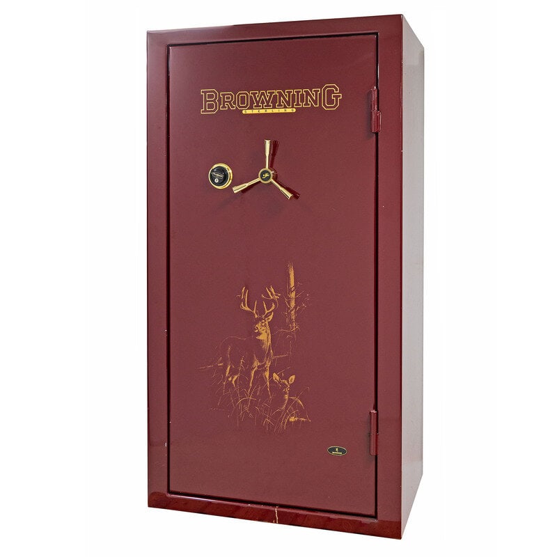 Burgundy Browning Sterling Gun Safe: Burgundy Browning Sterling Gun Safe Burgundy gun safe nominally 72" tall, 39" wide and 28" deep with a traditional rotating combination lock. Currently on a pallet. See photos for internal