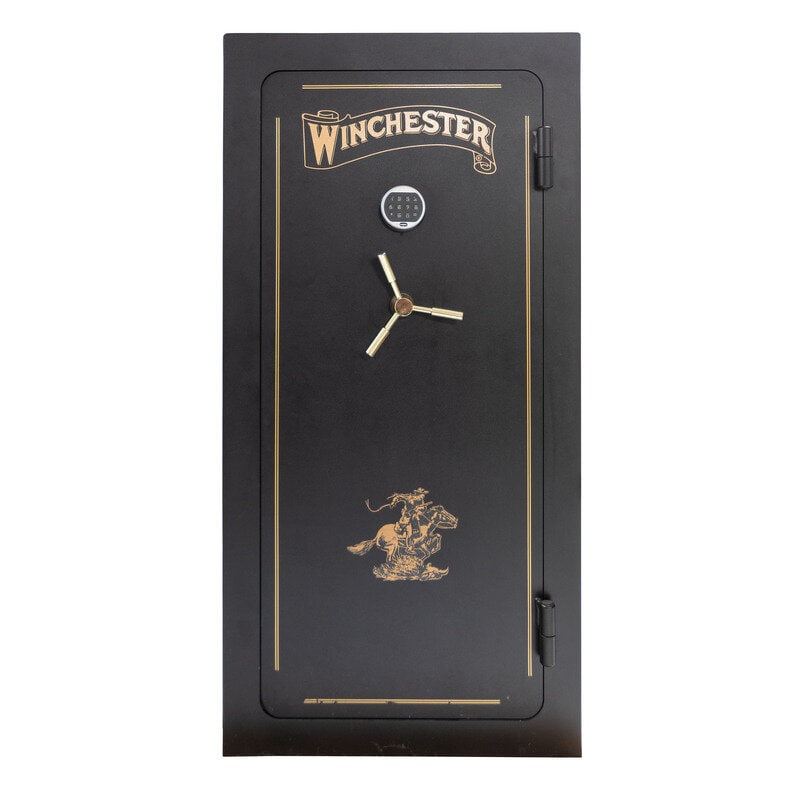 Black Winchester Gun Safe: Black Winchester Gun Safe Black gun safe nominally 60" tall, 30" wide and 22" deep with a digital key pad lock. Currently on a pallet. See photos for internal configuration. Due to size and weight