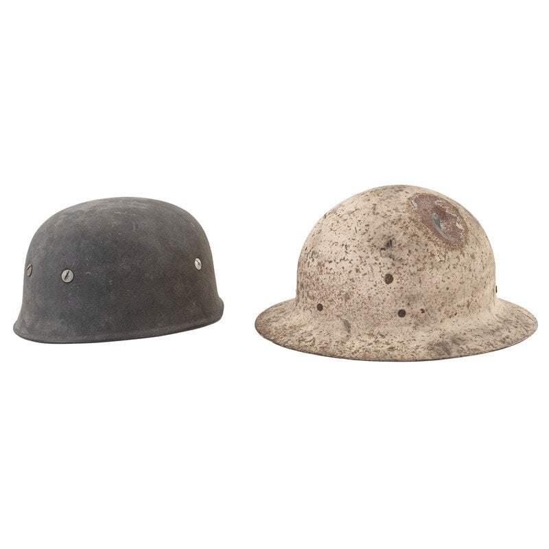 WWII German Paratrooper M38 Fallschirmjager Helmet and American Civil Defense Helmet: WWII German Paratrooper M38 Fallschirmjager Helmet and American Civil Defense Helmet 1.) WWII German M38 Paratrooper Helmet. 6 X 8.5 X 10". Green painted finish to steel shell with rolled edge and