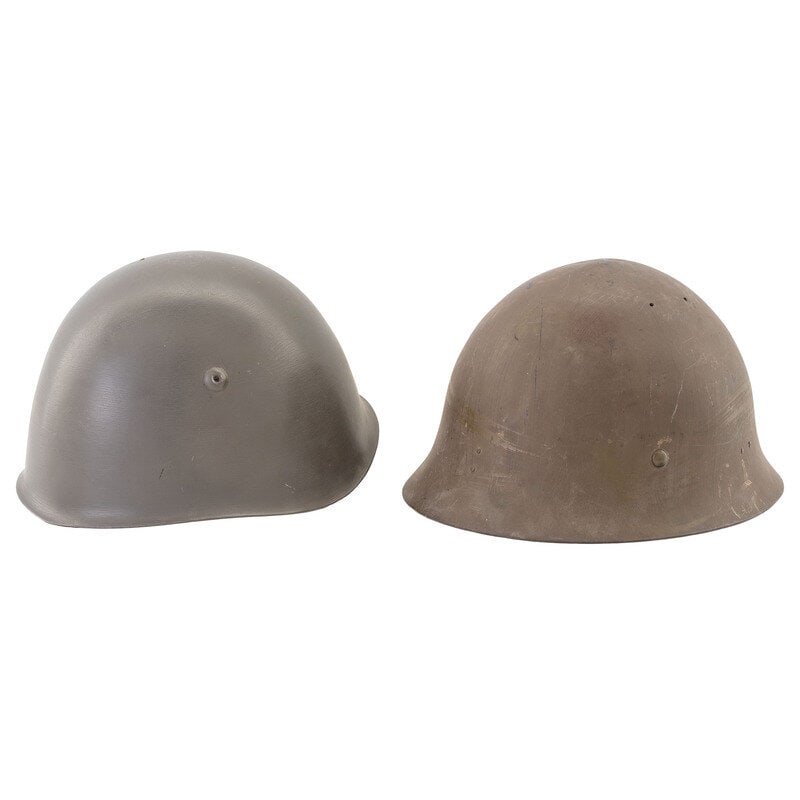 WWII Japanese Type 90 and Italian M33 Helmets: WWII Japanese Type 90 and Italian M33 Helmets 1.) 6.5 X 9.25 X 11". Imperial Japanese Type 90 Helmet with green painted finish, flat unrolled edge, and riveted leather suspension. Item features four v