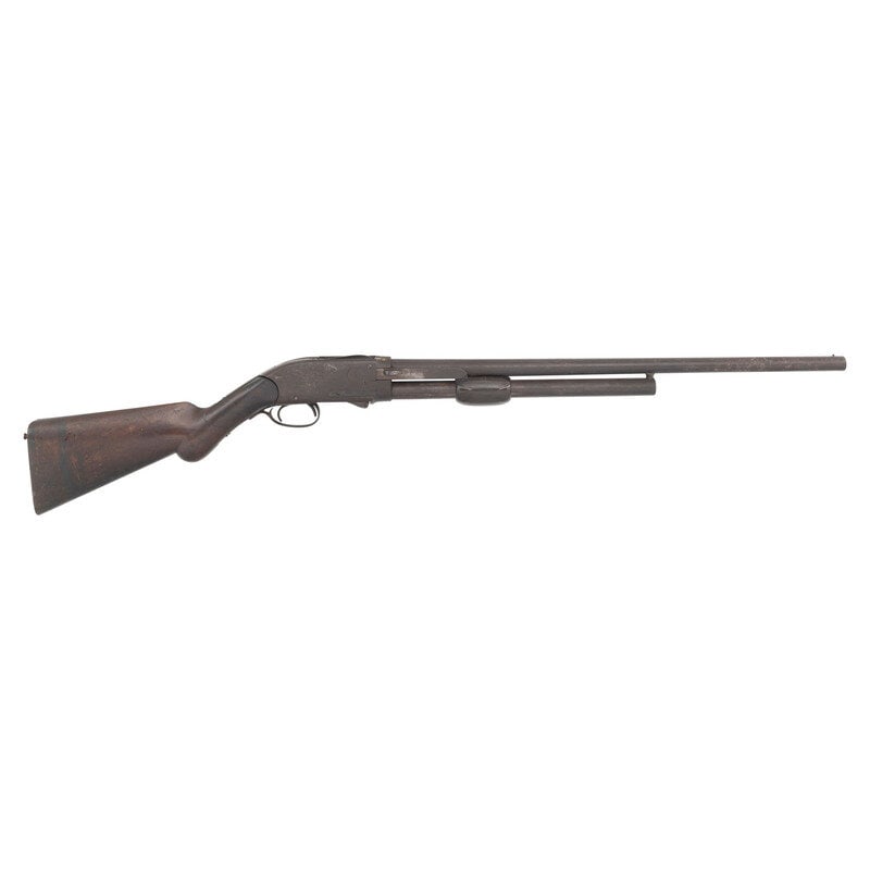 Spencer Arms Company Pump Action Shotgun: Spencer Arms Company Pump Action Shotgun 12 Gauge. 26" barrel length. SN: NSN. Brown patina receiver fitted with Damascus barrel and magazine tube with walnut semi pistol grip stock and hard rubber