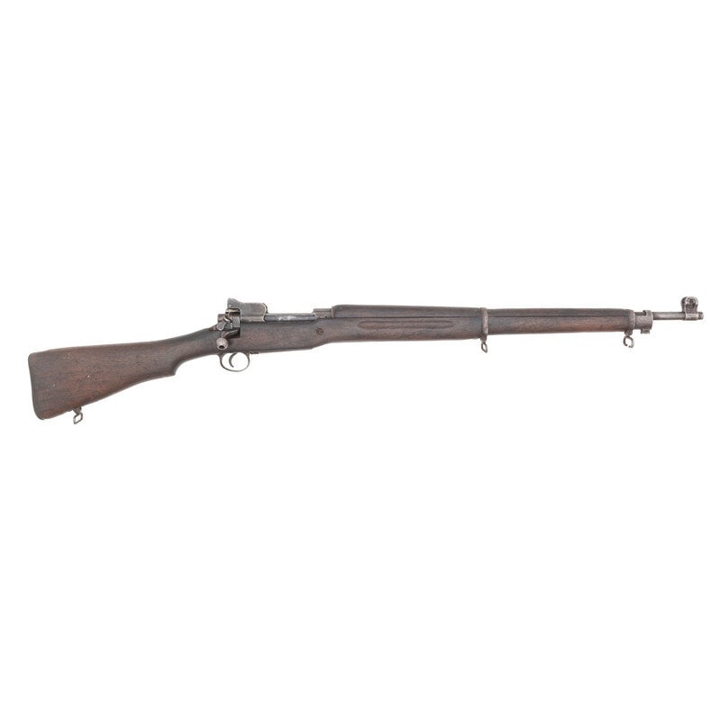 **Eddystone US Model 1917 Rifle: **Eddystone US Model 1917 Rifle .30-06. 26" barrel length. SN: 1255228. Blued metal finish mounting walnut semi-pistol grip stock with full length upper handguard and adjustable ladder rear notch and