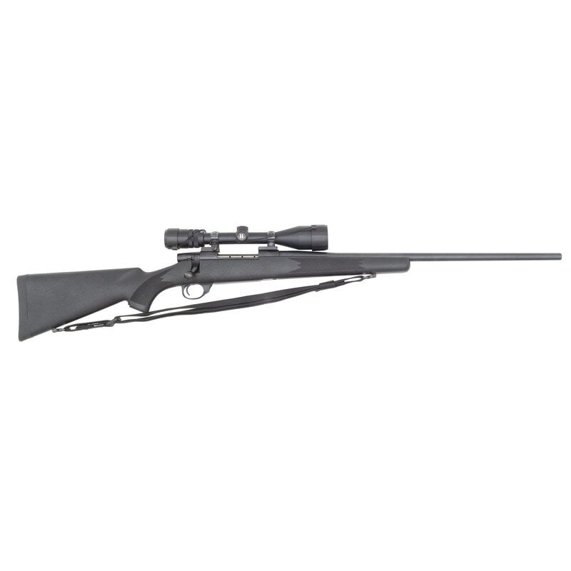 **Weatherby Vanguard Rifle with Scope: **Weatherby Vanguard Rifle with Scope .300 Weatherby. 24" barrel length. SN: VS36804. Blued metal finish mounting polished bolt with black synthetic semi-pistol grip stock featuring checkering to