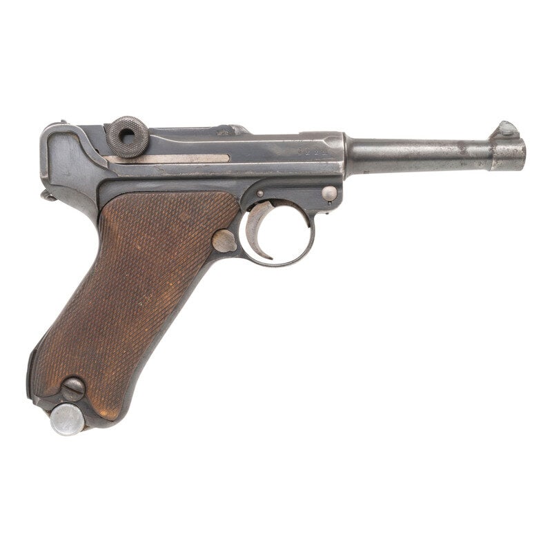 **DWM Double Date 1917-1920 Luger Pistol: **DWM Double Date 1917-1920 Luger Pistol 9mm Para. 3.9" barrel length. SN: 1937A. Blued Metal refinish with nitre blued and straw colored small parts mounting checkered walnut grips. Striker action sh