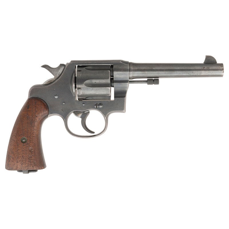 **Colt Model 1917 Post-War Revolver: **Colt Model 1917 Post-War Revolver .45 ACP. 5.5" barrel length. SN: 234781 (Colt SN, indicating 1919 Production) Blued metal finish with polished hammer flanks and smooth walnut two piece grips mount