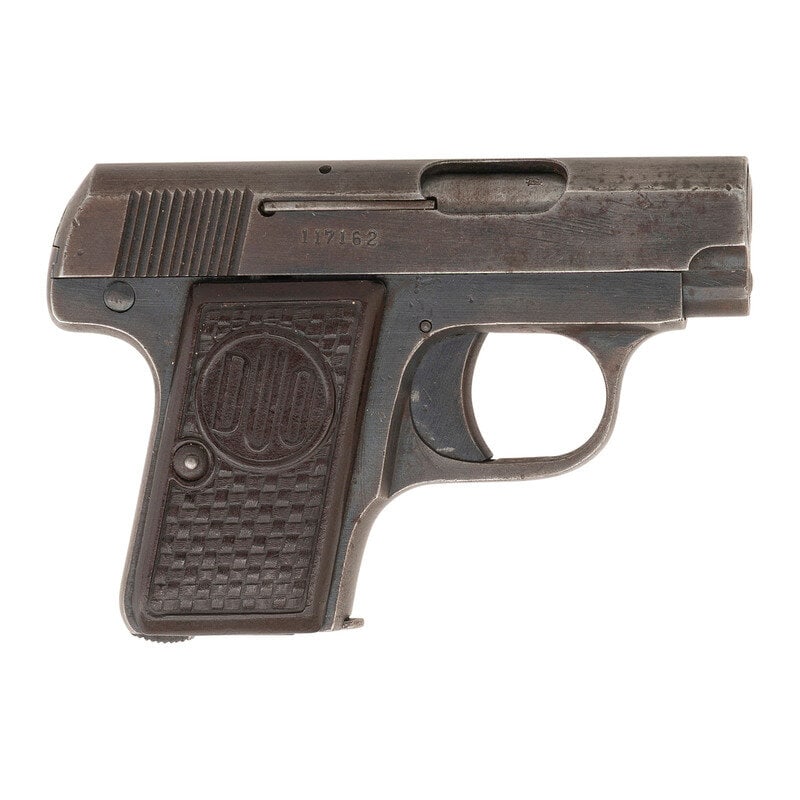 **Czech Dusek Duo .25 ACP Pistol: **Czech Dusek Duo .25 ACP Pistol .25 ACP. 2.125" barrel length. SN: 117162. Blued metal finish with polished barrel mounting brown synthetic DUO logo grips and gutter sights. Simple blowback