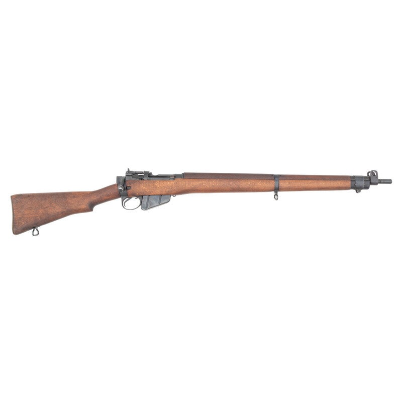**British No. 4 Lee-Enfield Rifle: **British No. 4 Lee-Enfield Rifle .303 British. 25.2" barrel. SN: AC0187. Blued finish, brass buttplate, hardwood stock. Bolt action magazine fed rifle with folding ladder rear sight, front sight with