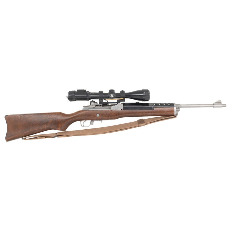 *Ruger Mini-14 Rifle with Bushnell Banner Scope: *Ruger Mini-14 Rifle with Bushnell Banner Scope .223. 18.5" barrel length. SN: 183-98979. Brushed stainless steel finish with synthetic vented upper handguard and walnut semi-pistol grip stock