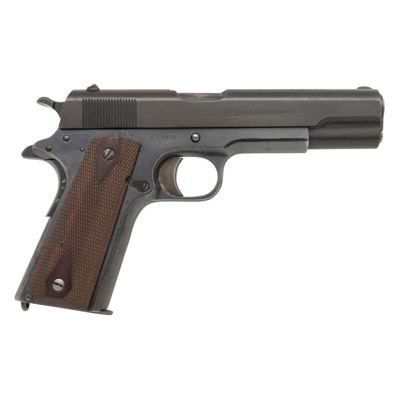 *Colt 1911 with 1913 Slide and 1918 Frame: *Colt 1911 with 1913 Slide and 1918 Frame .45 ACP. 5" barrel length. SN: C103634. Blued metal refinish mounting diamond checkered laminated wood grips and polished trigger. Single action short
