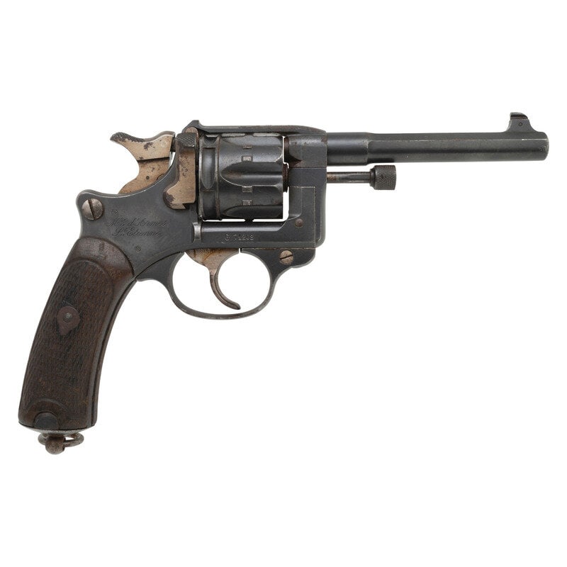 **French Model 1892 Ordnance Revolver: **French Model 1892 Ordnance RevolverWorld War I 8mm French Ordnance. 4.6" barrel. SN: G71208. (mfg ca. 1901). Blued metal finish with straw colored small parts mounting two-piece walnut bordered
