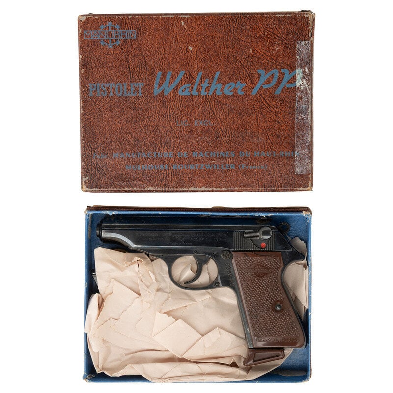 **French Manurhin Walther PP .32 ACP Pistol in Matching Box with Matching Magazines: **French Manurhin Walther PP .32 ACP Pistol in Matching Box with Matching Magazines .32 ACP. 3.9" barrel length. SN: 29342. High polished blued metal finish with bright chamber mounting brown