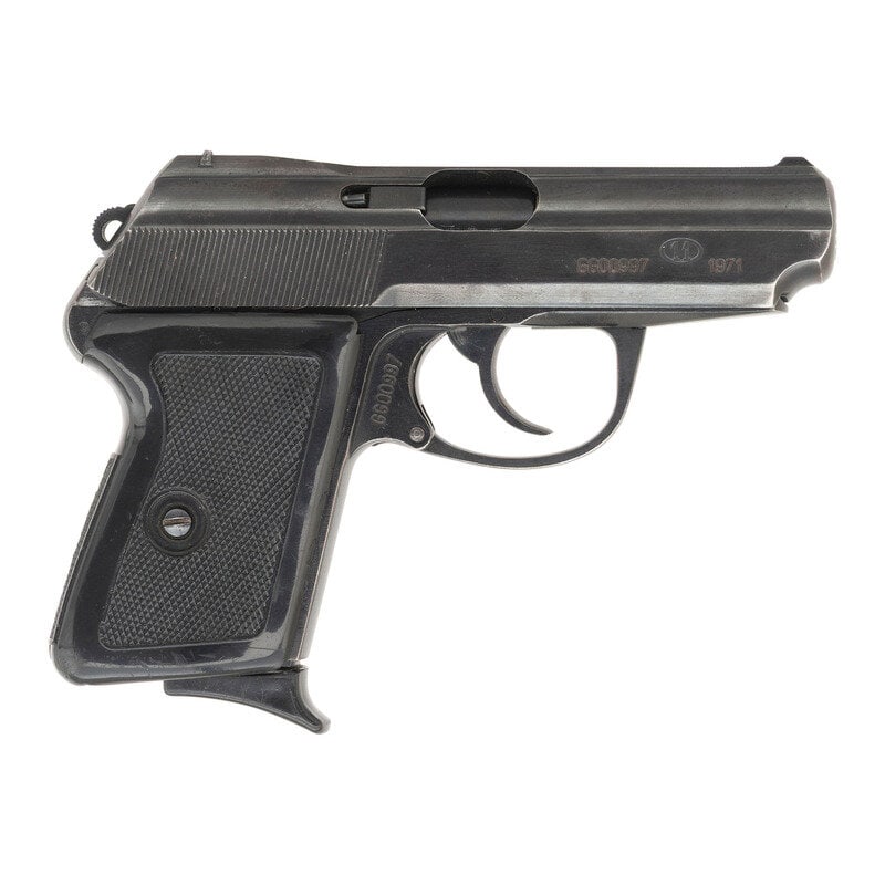 **Polish FB P-64 Pistol: **Polish FB P-64 Pistol 9x18mm. 3.3" barrel length. SN: GG00997. Blued metal finish with plum blued small parts mounting checkered black synthetic two-piece grips. Simple blowback operated DA/SA