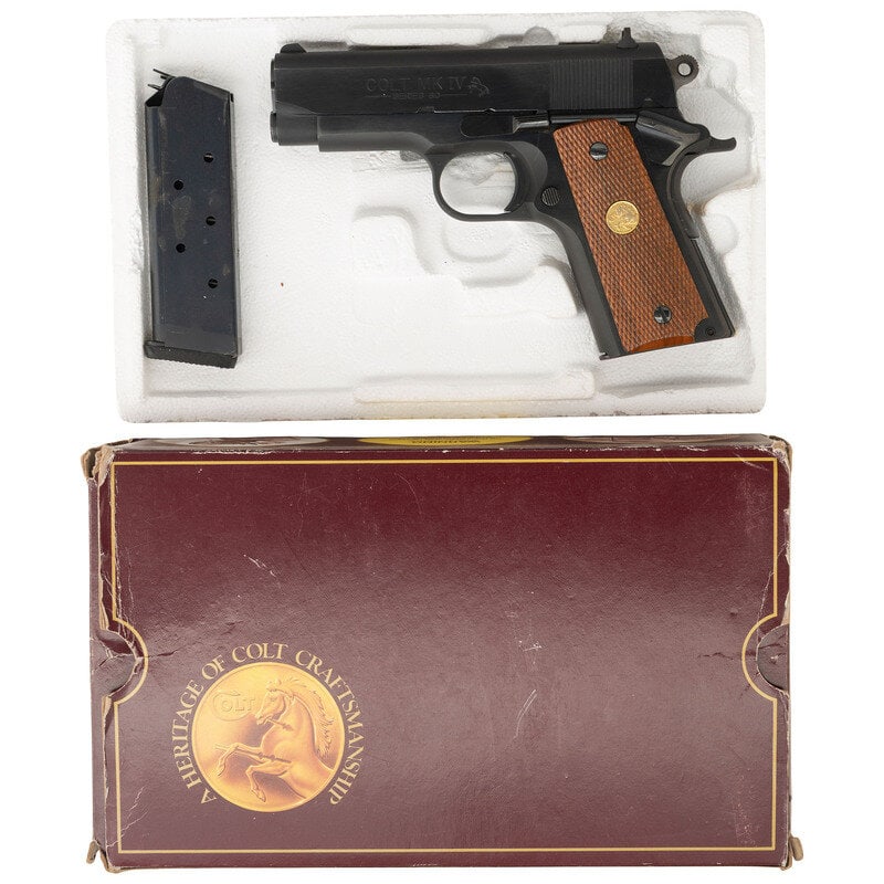 *Colt Mark IV Series 80 Officers ACP .45 in Box: *Colt Mark IV Series 80 Officers ACP .45 in Box .45 ACP. 3.5" barrel length. SN: FA38623. Blued metal finish with polished flanks and matte rounds mounting checkered walnut Colt medallion grips.