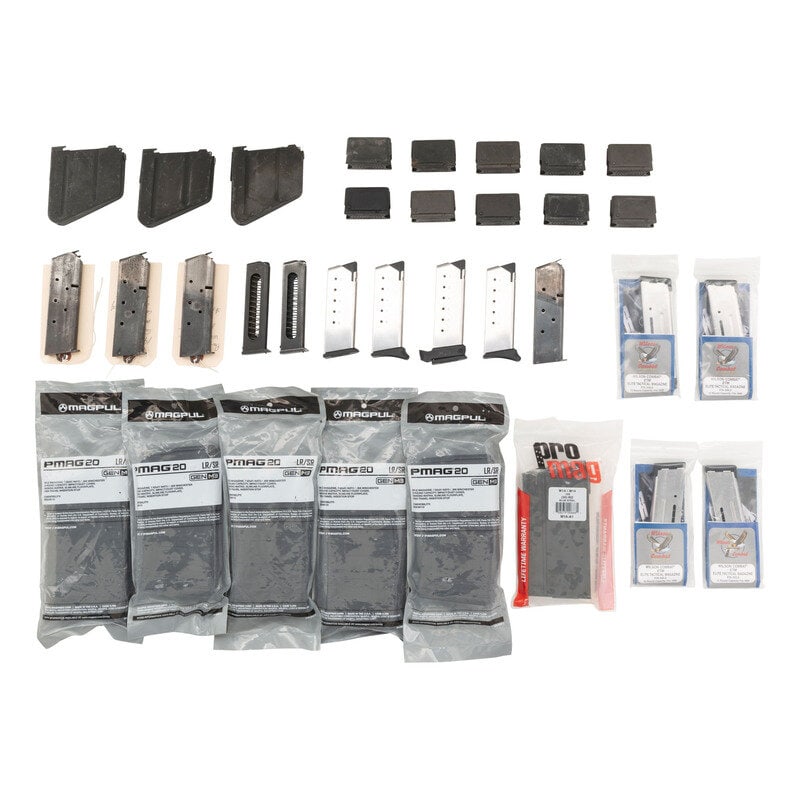 Mixed Lot of Magazines: Mixed Lot of Magazines Large group of magazines including (5) Pro Mag PMAG AR platform magazines in factory bags, (4) Wilson Combat 1911 magazines in factory bags, (3) Two-Tone 1911 magazines with lan
