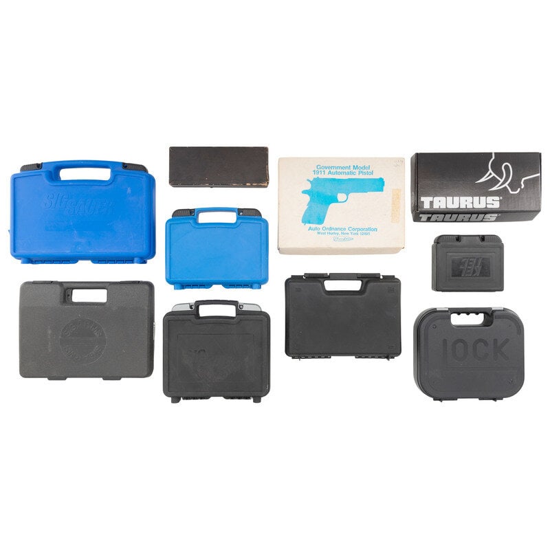 Group of Various Modern Handgun Boxes: Group of Various Modern Handgun Boxes 10 Modern handgun factory boxes, including boxes from Sig Sauer and Glock. 7 are plastic, 3 are cardboard. All in fair to good used condition. This lot is
