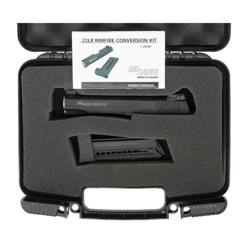 Sig P938-22 Conversion Kit: Sig P938-22 Conversion Kit .22 LR. 4" barrel length. SN: NSN. Black Nitron finish with matte small parts and brushed barrel mounting triple white dot sights with adjustable target rear notch. Conversi