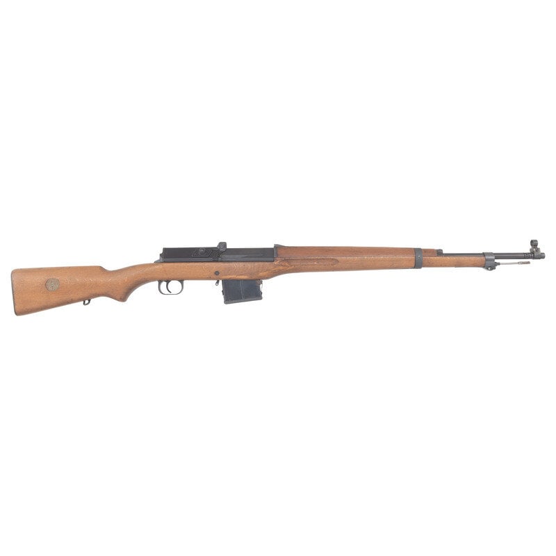 **Swedish Ag m/42 Ljungman Rifle: **Swedish Ag m/42 Ljungman Rifle 6.5x55mm. 24.5" barrel length. SN: 1914. Blued metal finish with wood semi-pistol grip stock mounting brass conversion disc to right butt, and adjustable rear notch
